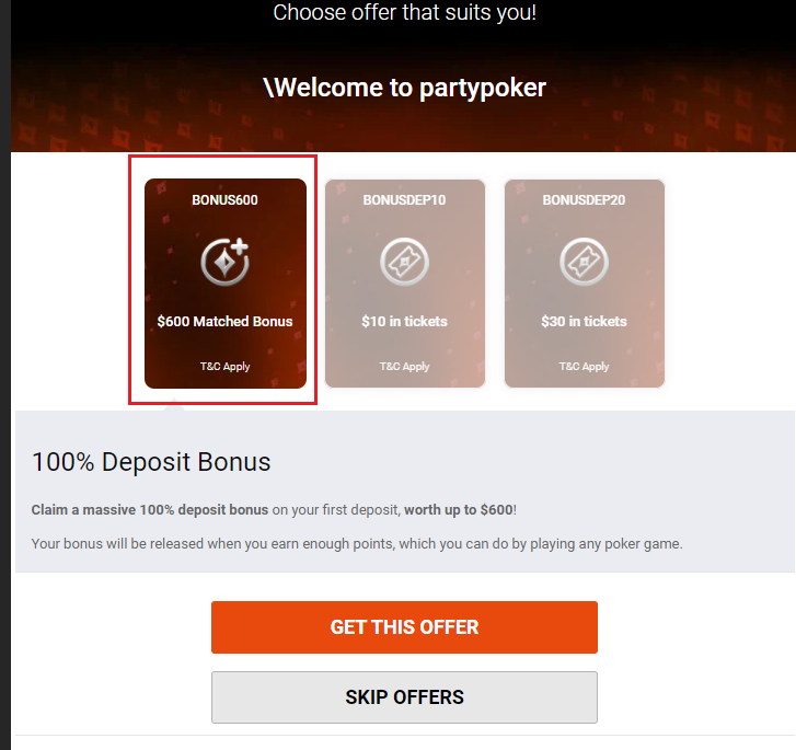 На partypoker доступен отыгрываемый бонус на депозит 100% до $600 1